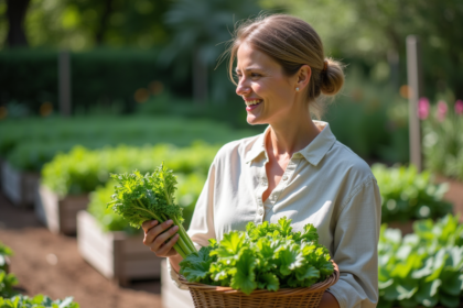 Femme dans le jardin avec panier de légumes verts