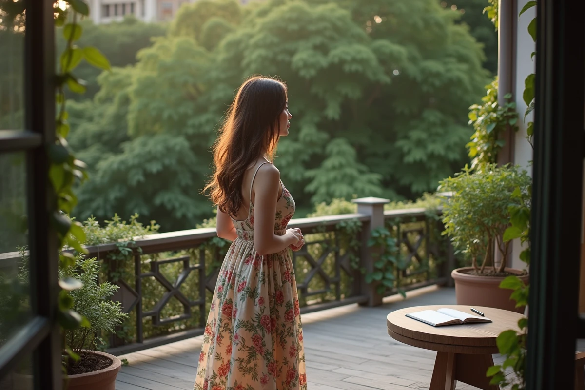 Femme en robe florale regardant le jardin depuis la terrasse
