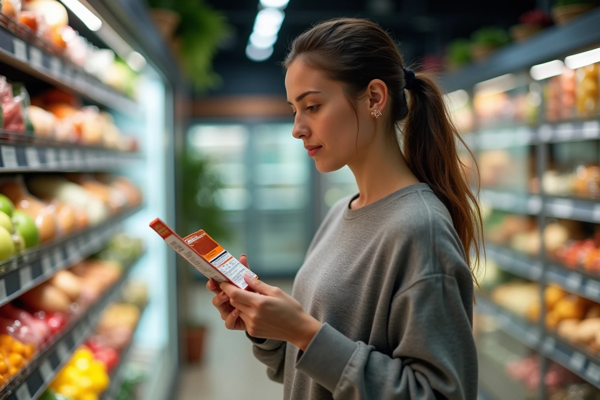 Femme lisant une étiquette nutritionnelle dans un supermarché