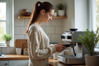 Femme examinant une machine à café moderne dans une cuisine scandinave