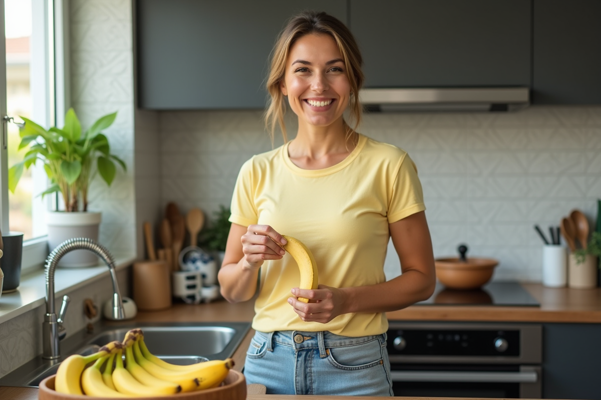 Femme souriante peelant une banane dans la cuisine lumineuse