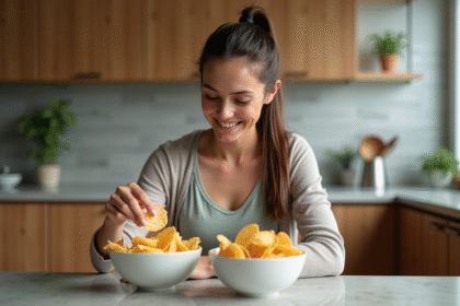 Femme souriante dégustant des chips légères à la maison