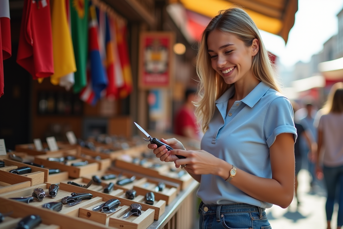 Jeune femme examinant des couteaux pliants au marché