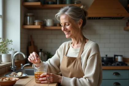 Femme française mesure liquide dans une cuisine chaleureuse