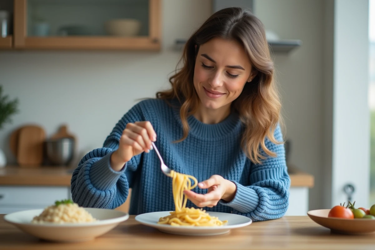 Femme en cuisine mesurant des pâtes cuites sur une assiette