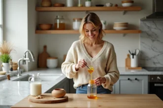 Femme souriante verse du miel dans une tasse en cuisine chaleureuse