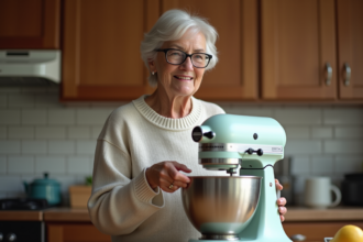 Femme mature tenant un mixeur dans une cuisine chaleureuse