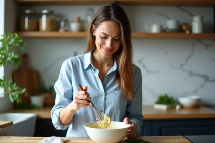 Femme en cuisine préparant de la mayonnaise maison