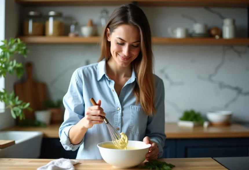 Femme en cuisine préparant de la mayonnaise maison