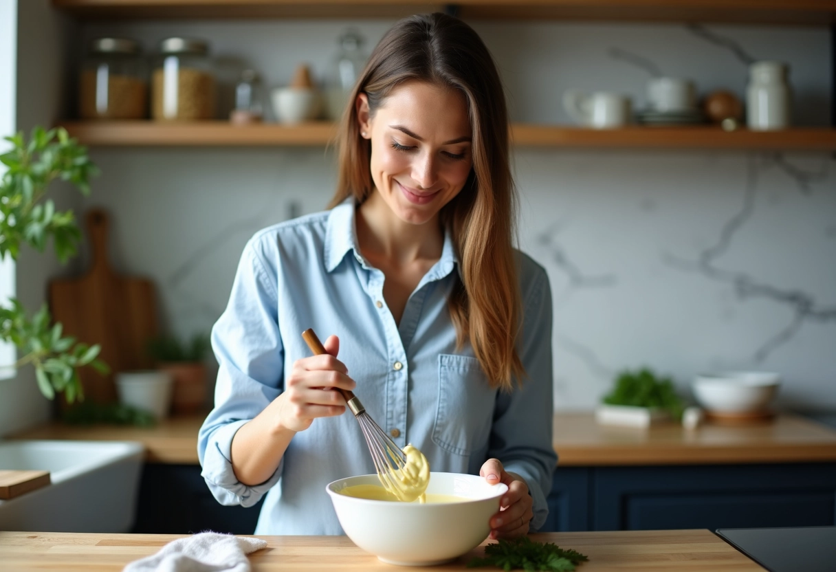 Femme en cuisine préparant de la mayonnaise maison