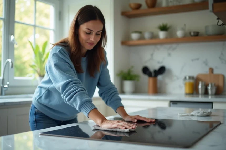 Femme nettoyant une plaque de cuisson avec bicarbonate