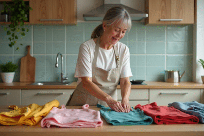 Femme arrangeant des tabliers colorés sur une table en cuisine