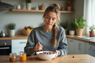 Femme en tenue sportive prépare un bol de porridge dans la cuisine