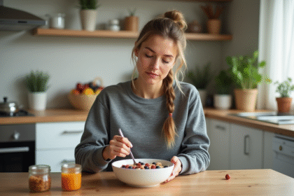 Femme en tenue sportive prépare un bol de porridge dans la cuisine