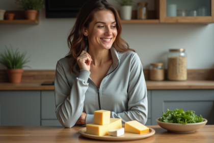 Femme en cuisine examinant un plateau de fromages faibles en gras