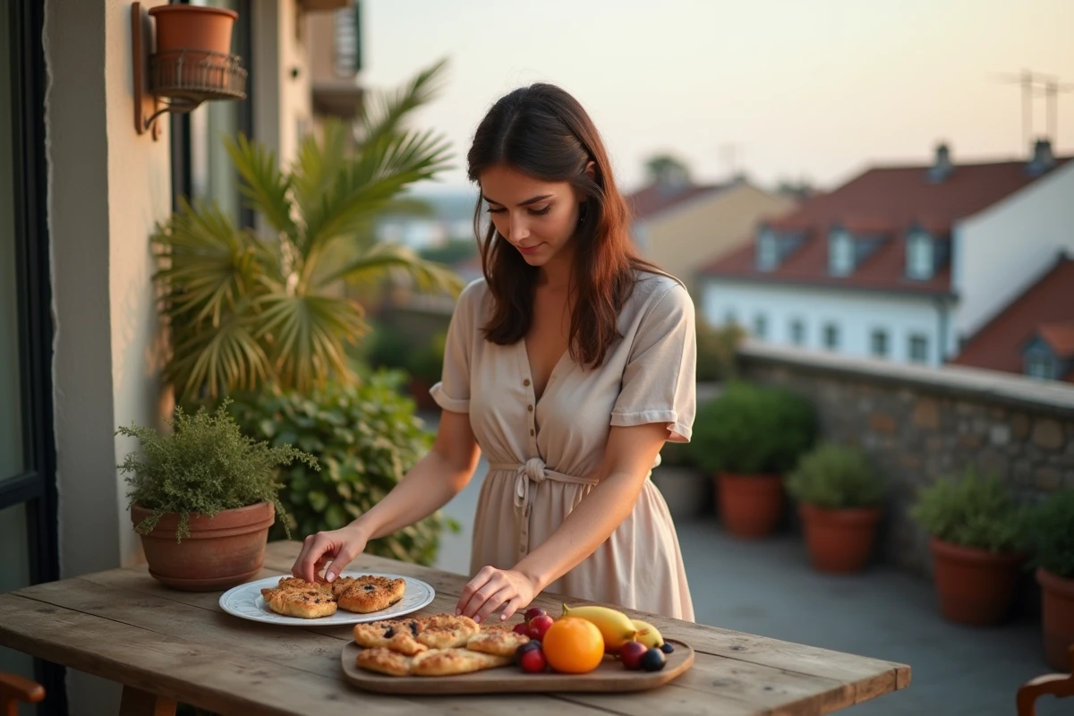 Jeune femme arrangeant un plateau de pâtisseries sur un balcon