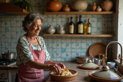 Femme portugaise servant du bacalhau à brás dans la cuisine