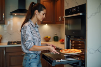 Jeune femme posant une pierre à pizza dans un four moderne
