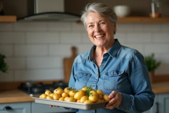 Femme souriante avec pommes de terre rôties dans une cuisine