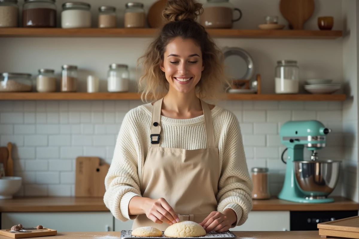 Jeune femme française préparant un gros cookie maison dans une cuisine parisienne, inspiration cookies style Crumbl pour les amateurs français
