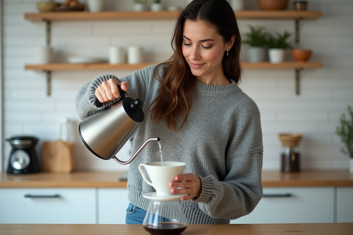Jeune femme verser de l'eau chaude dans un dripper à café