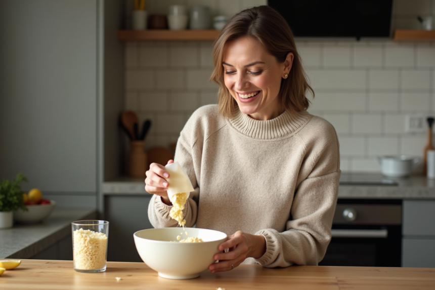 Femme versant des flocons de purée instantanée dans un bol de cuisine