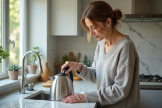 Femme remplissant un bouilloire électrique en cuisine