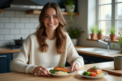 Femme souriante préparant un repas équilibré dans la cuisine
