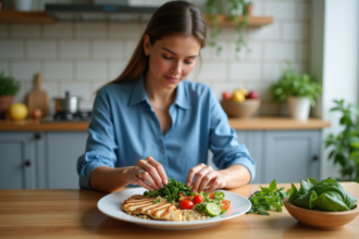 Femme préparant un repas équilibré dans la cuisine
