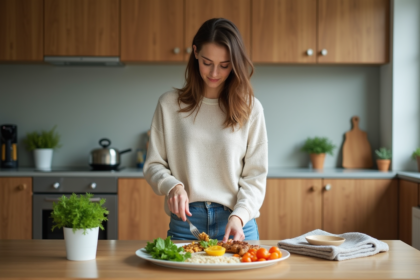 Femme arrangeant un repas sain dans une cuisine moderne