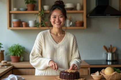 Jeune femme souriante coupe un gâteau chocolatavoine dans une cuisine chaleureuse
