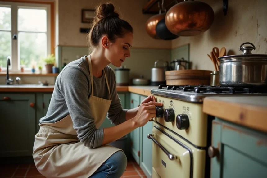 Femme examinant les symboles d'un vieux four en émail dans une cuisine rustique
