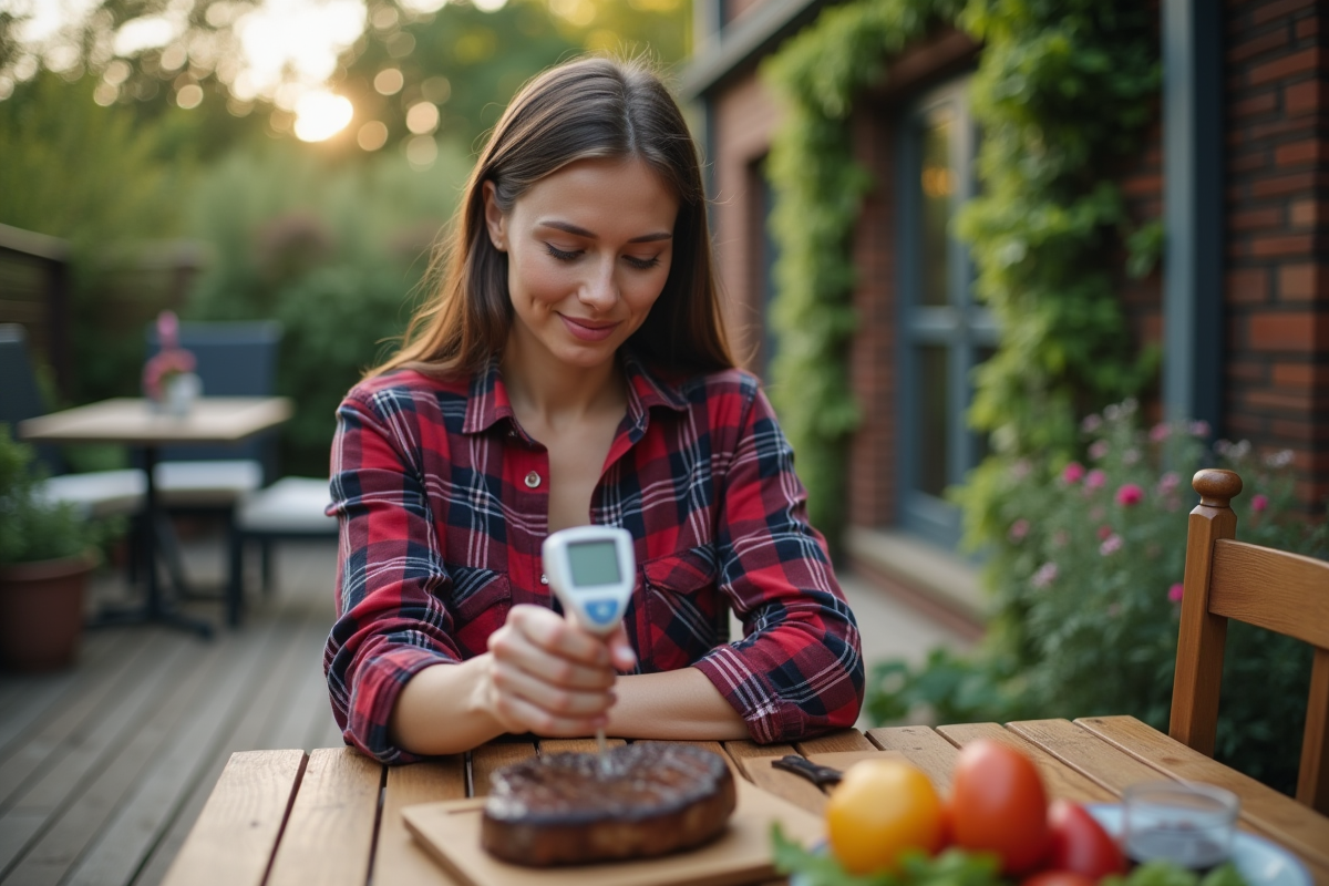 Jeune femme controle la temperature d’un steak grille