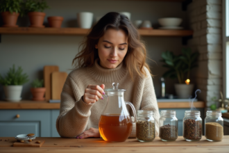 Femme en pull terre cuite choisissant des infusions d'herbes
