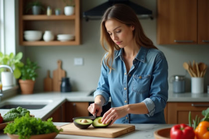 Femme en denim coupe au ventre tranche un avocat mûr en cuisine
