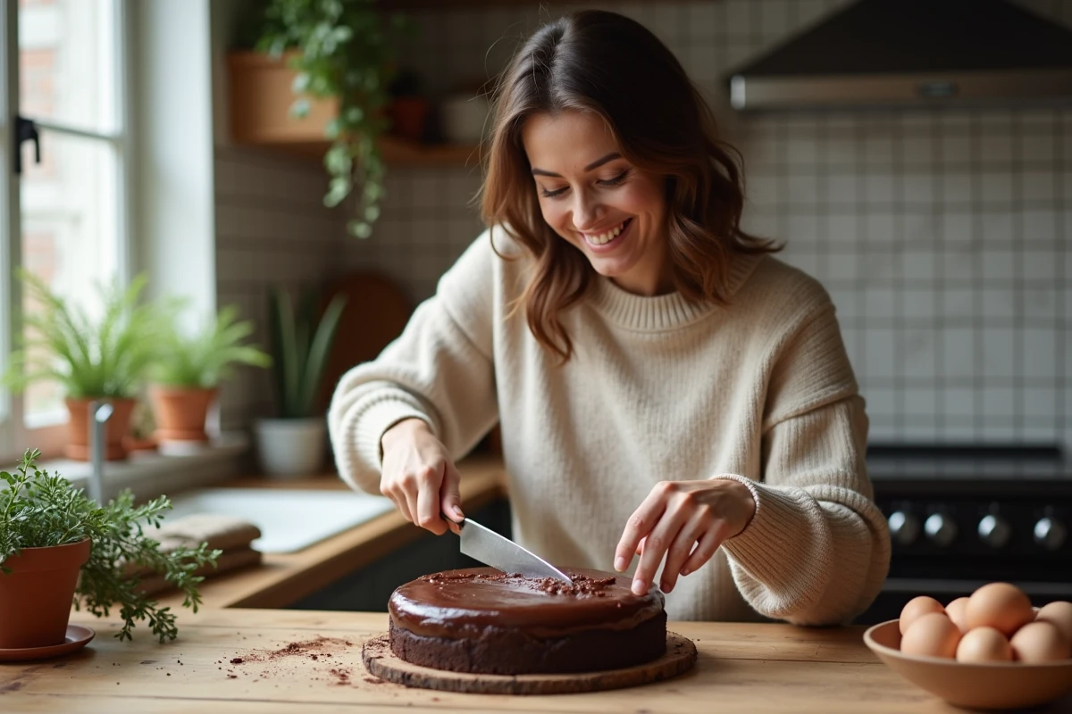 Femme souriante coupe un gâteau au chocolat dans une cuisine chaleureuse