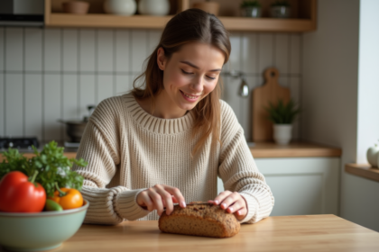Jeune femme tranche un pain complet aux graines dans la cuisine chaleureuse
