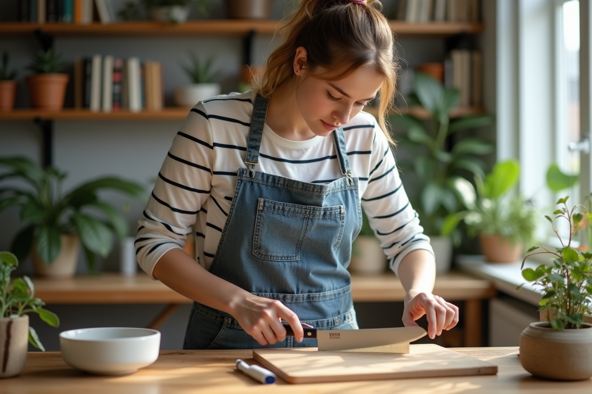 Jeune femme vérifiant la lame d’un couteau japonais