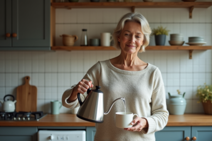 Femme versant de l'eau dans une tasse dans la cuisine