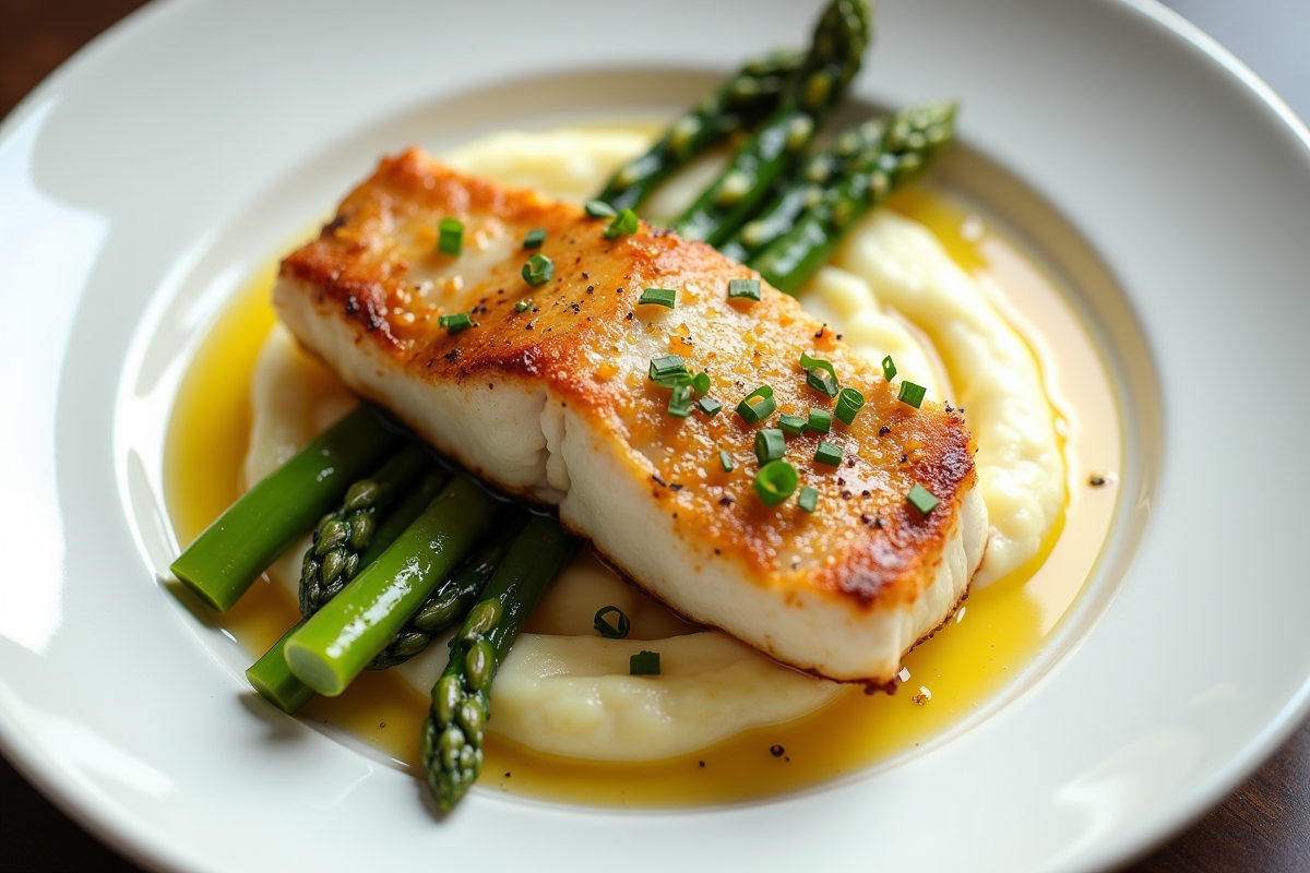 Gros plan sur filet de cabillaud avec purée et asperges