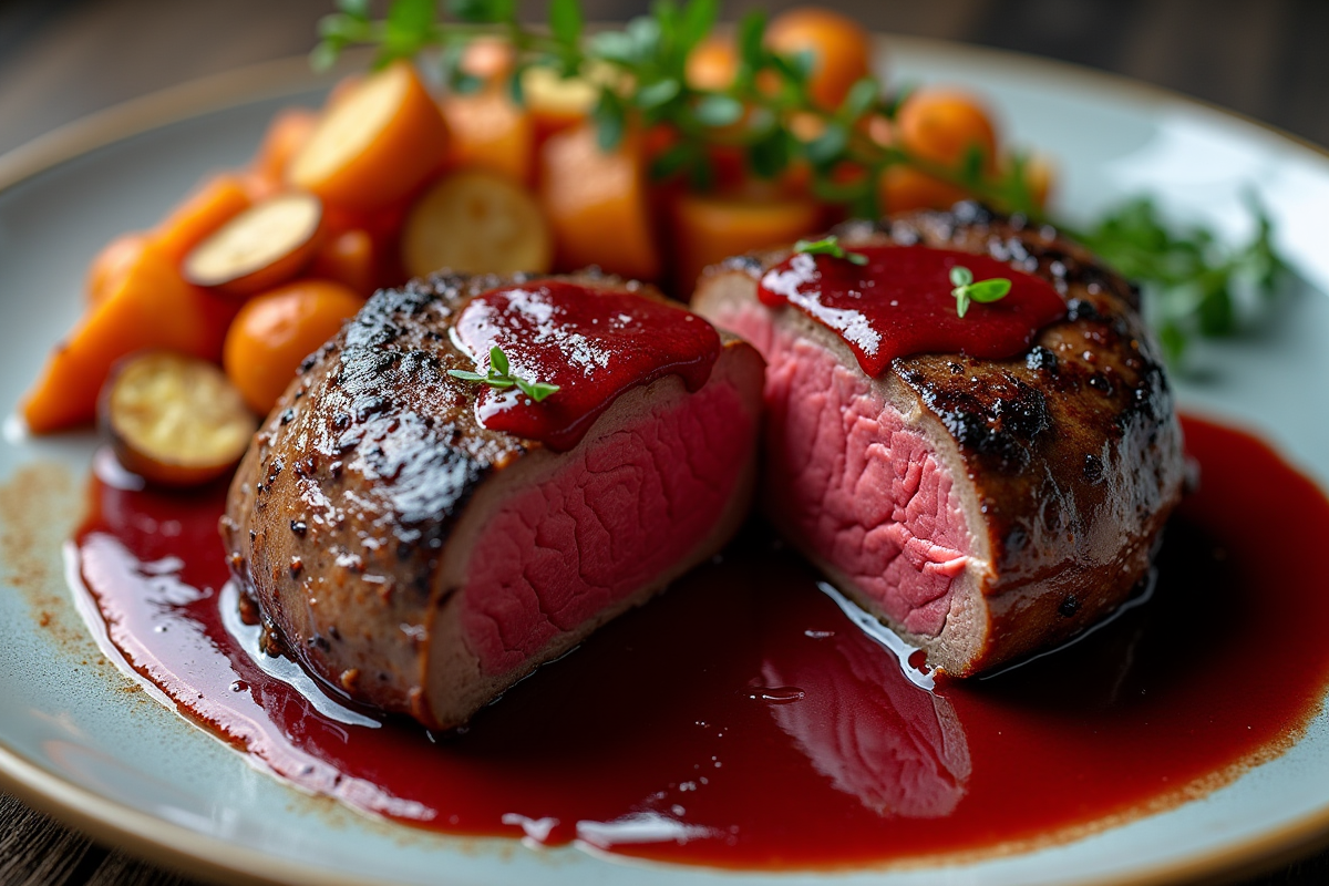 Filet mignon rôti avec légumes sur une assiette en porcelaine