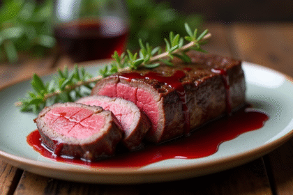 Filet mignon tranché avec sauce au vin rouge sur une table rustique