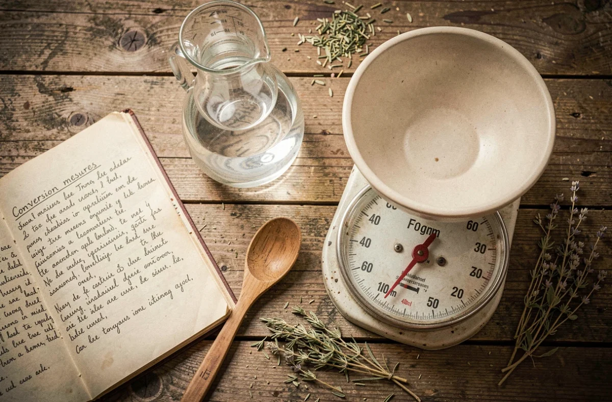 Vue de dessus d'une carafe de 40 cl et d'une balance de cuisine ancienne sur une table en bois avec un carnet de conversion manuscrit ouvert