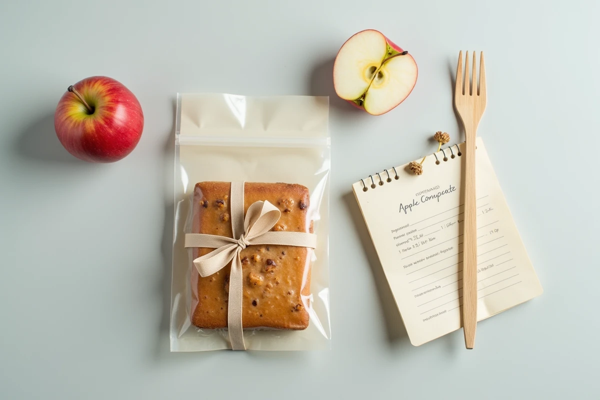 Flat lay d'une portion de gâteau à la compote de pomme emballée dans un sachet transparent avec une pomme fraîche et une note manuscrite sur un bureau gris