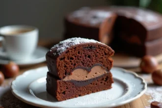 Fondant aux marrons et chocolat servi sur une assiette en céramique blanche avec des éclats de marrons et du sucre glace sur une table en bois rustique