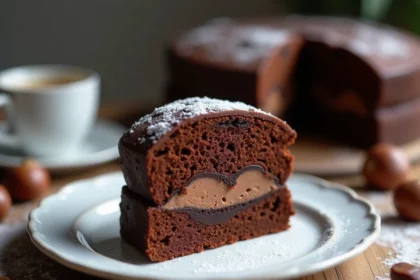 Fondant aux marrons et chocolat servi sur une assiette en céramique blanche avec des éclats de marrons et du sucre glace sur une table en bois rustique
