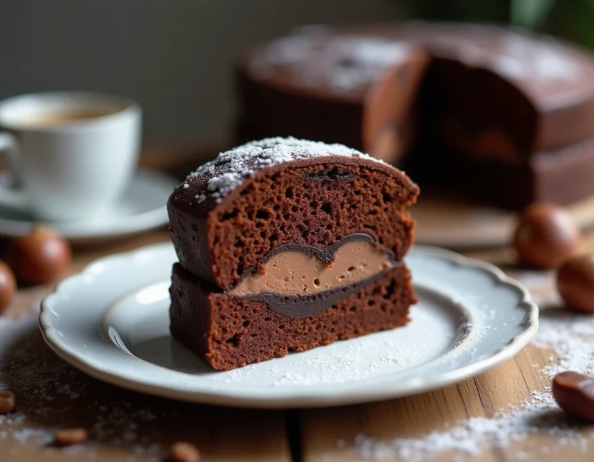 Fondant aux marrons et chocolat servi sur une assiette en céramique blanche avec des éclats de marrons et du sucre glace sur une table en bois rustique