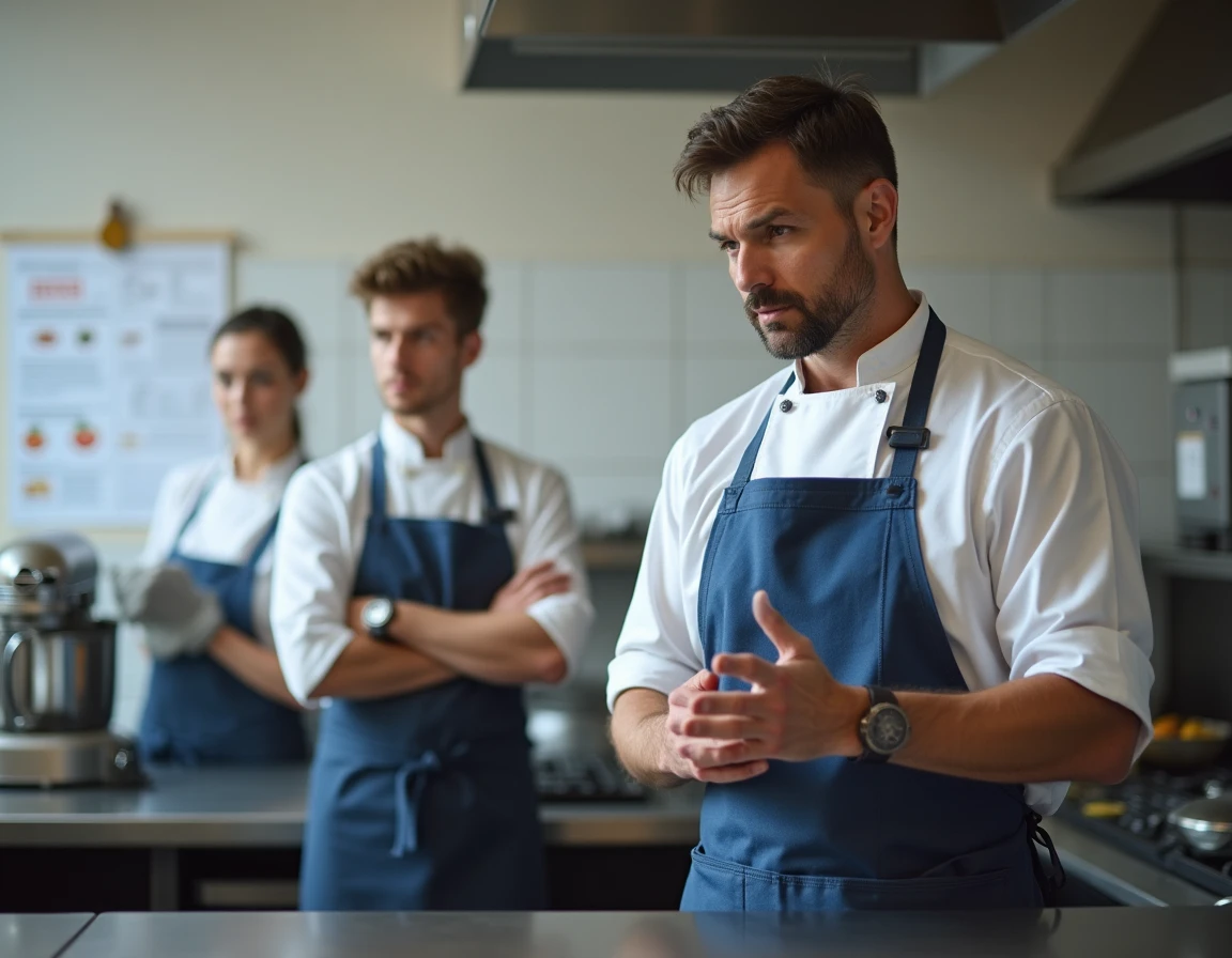 Instructeur en pâtisserie expliquant les règles de sécurité alimentaire pour la pâte à bombe à des étudiants dans une école culinaire professionnelle