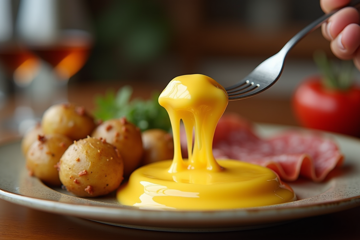 Fourchette soulevant fromage raclette fondu avec pommes de terre