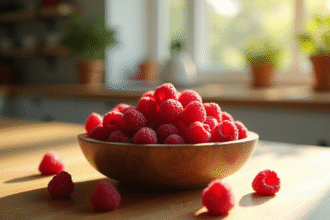 Framboises fraîches dans un bol en bois sur une table ensoleillée